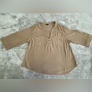 Torrid Tan Rayon Henley Blouse Roll Tab Sleeves Size 2